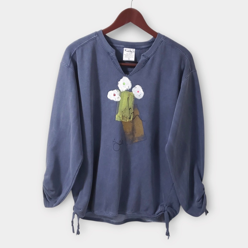Kunky's Hand Painted Wearable Art Sweatshirt Blue Floral Print V-Neck Pullover M